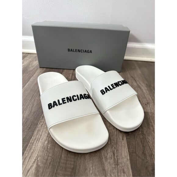 BALENCIAGA MEN'S POOL SLIDE SANDAL IN WHITE BLACK - Picture 11 of 14